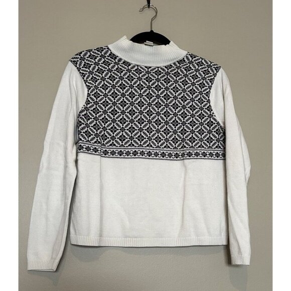 Talbots Women Petite M Sweater Black White Snowflake Turtleneck Cotton Fair Isle - Picture 1 of 6